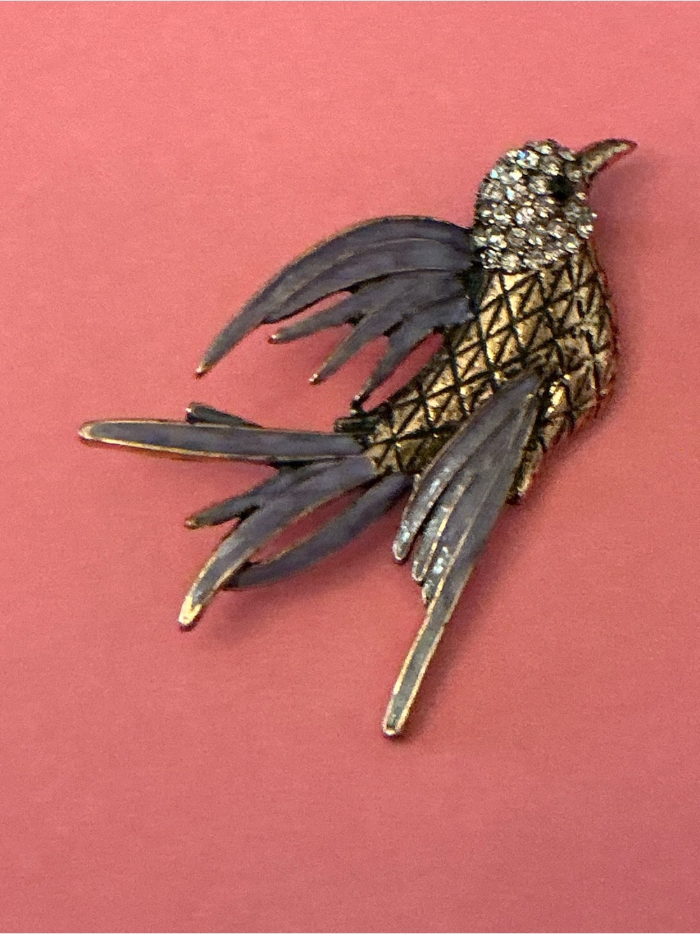 Purple Feathered Enamel Rose Gold Tone Bird Brooch